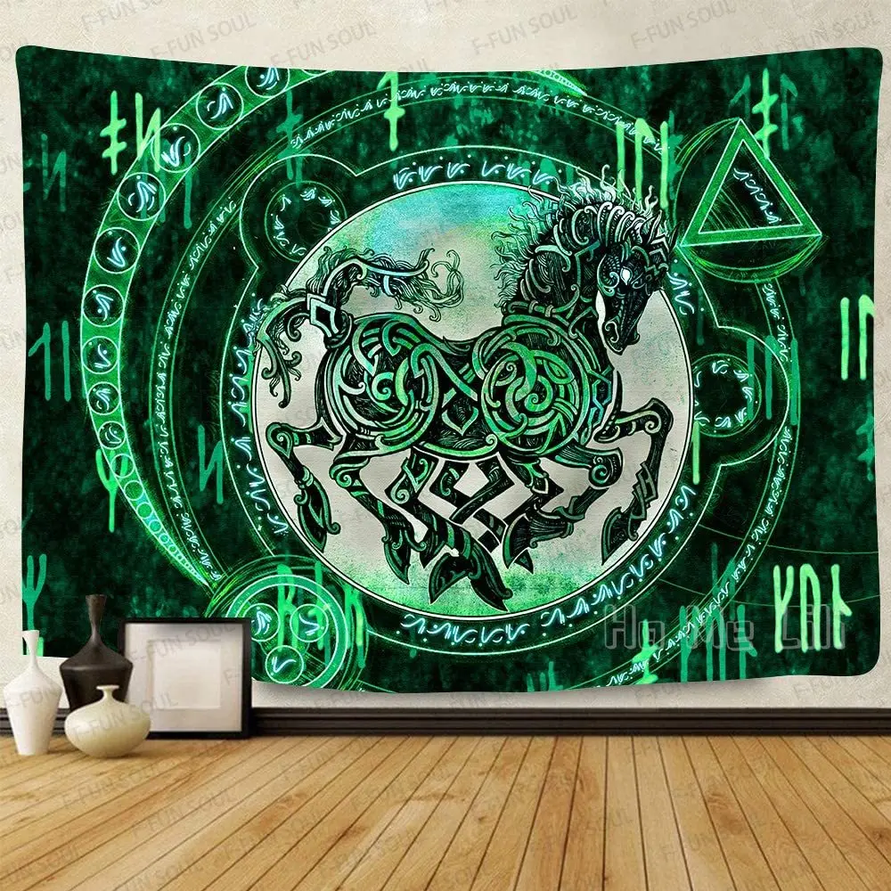 

Indian Odin Horse Tapestry Mysterious Viking Meditation Psychedelic Green Runes Art For Home Decor Banner