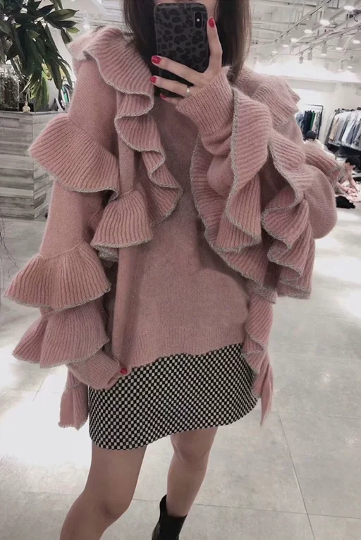 

O-Neck Ruffled Mohair Irregular Sweater Heavy Knit Irregular Shirtts Lotus Pullovers Cashmere Long Sleeve Crop Tops Sueter Mujer