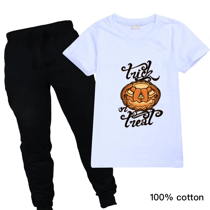 

Cartoon Halloween Outfits for Girls Boutique Toddler Baby Boy Summer Clothes Pumpkin Tops Black Pants 2PC Children Clothing Set