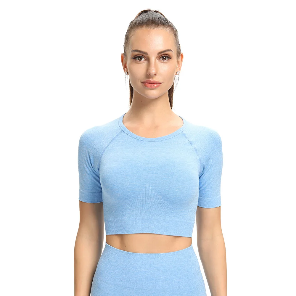 

High Elasticity Seamless Yoga Short-sleeved Sports Fitness Quick-drying Sweat-absorbent Round Neck Short-sleeved Solid Color Top