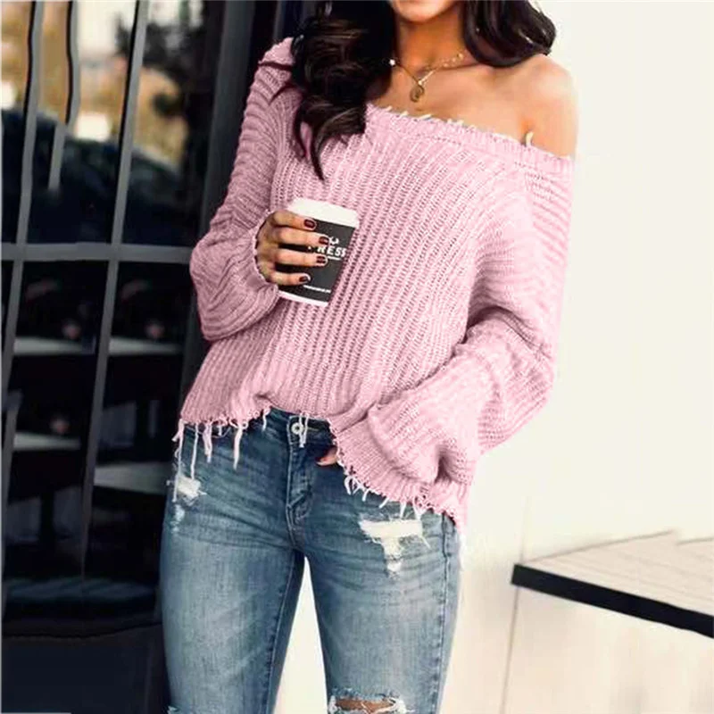 Slash Neck Solid Sweater With Tassel Women's Fashion Casual Slim Fit Long Sleeve Stripe V-neck Knitted Tops Blouse | Женская одежда