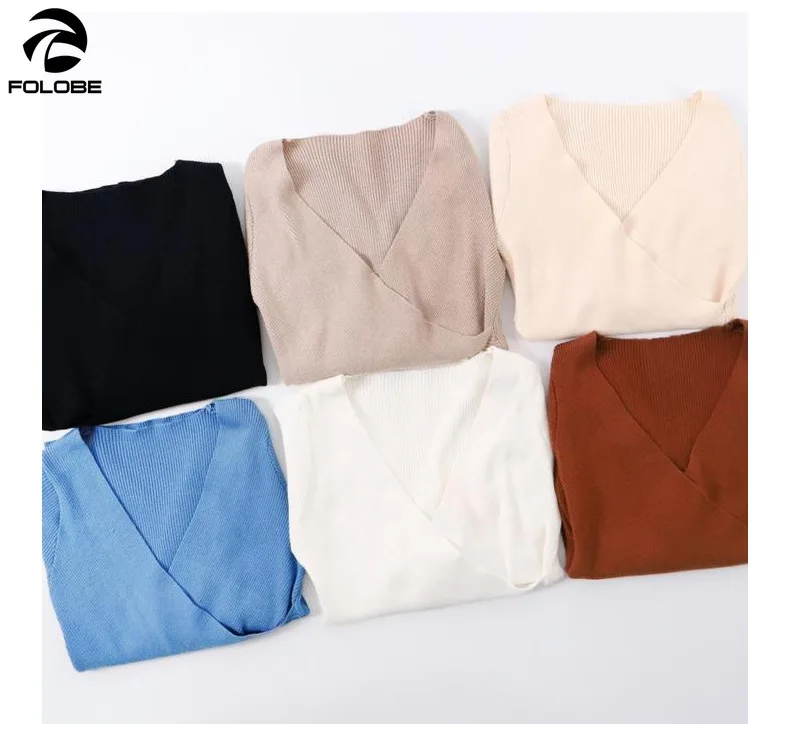 

FOLOBE 2020 Sexy Women Pullover V-neck Slim Cross Knitted Sweaters Long Sleeve Short Sweater Tops For Female Bottoming Pullover