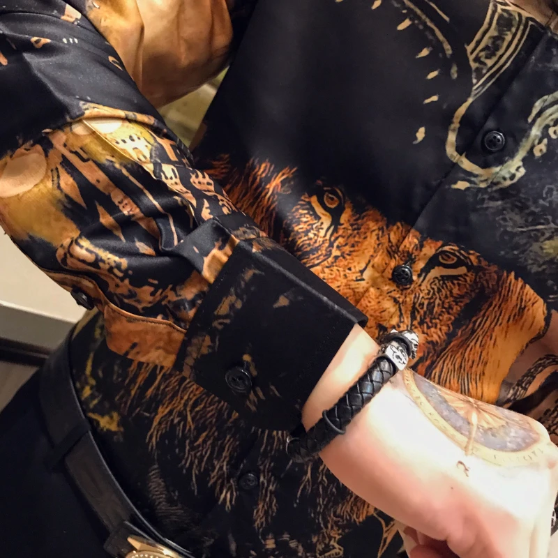 Мужская рубашка с головой льва, DJ Singer Camisa Homem Prom Camisa Masculina, Роскошная золотая рубашка с принтом животных, мужская рубашка с длинными рукавами, вечерние Клубные