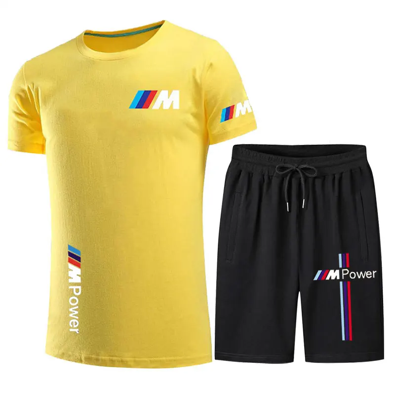 

2021 Summer Cotton Men's Funny Casual Short-Sleeved Solid Color Unisex Round Neck Hip-hop T-shirt Sports Top +Shorts 2 Piece Set