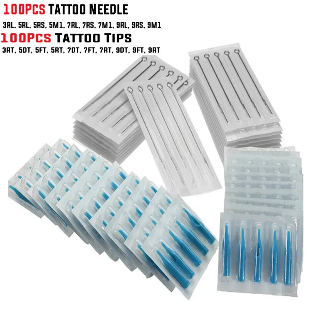 

100PCS Assorted Disposable Sterilized Tattoo Needles RL RS Needles +100PCS Plastic Tattoo Nozzle Tips Set RT FT FT Mixed