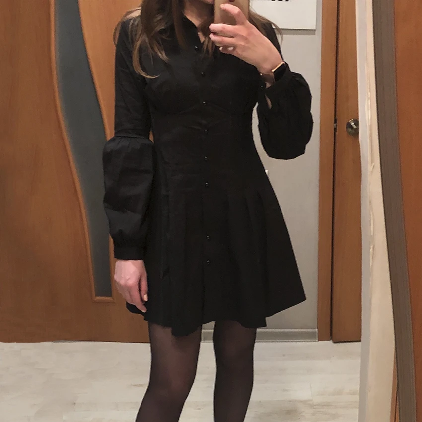 OOTN Элегантное Черное Короткое женское платье-блузка с длинным Рукавом Плиссированное мини-платье вечерние платья весеннее женское сексуальное тонкое платье vestido