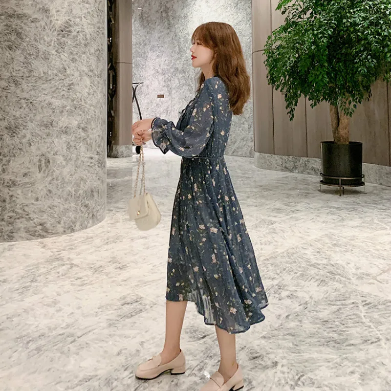 Женское шифоновое платье в винтажном стиле с цветочным принтом длинным рукавом