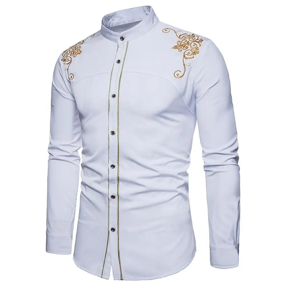 

Men Fashion Embroidery Flower Button Stand Collar Long Sleeve Shirt Blouse Casual Top Long Sleeve Shirts Basic Shirt