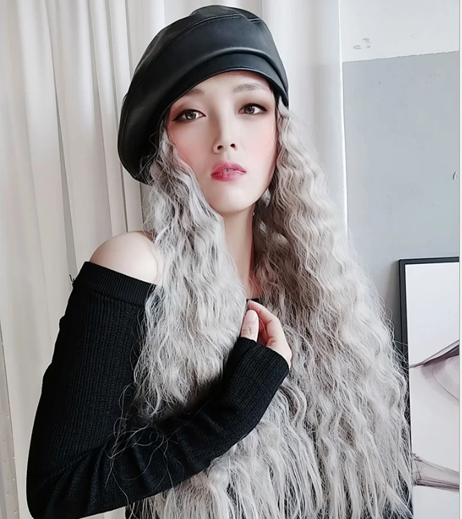 Beret Women Spring  Autumn Wig Hat Detachable Large Wave Long Hair Wool Foll Integrated Large Head Circumference Small Wave Grey