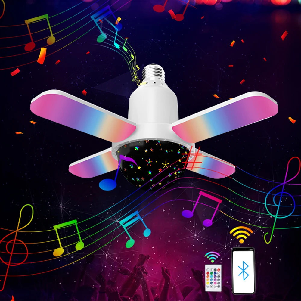 E27 4-Leaves Bluetooth Music Light Foldable LED Music Fan Projector Lamp with Remote Colorful Light Bulb Smart Speaker Fan Lamp