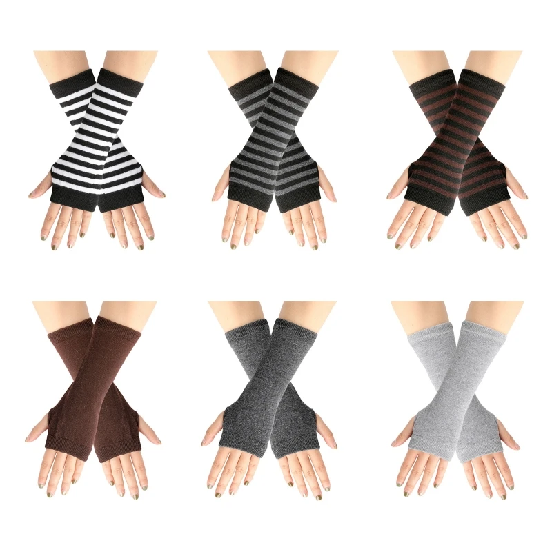 

New Fingerless Striped Gloves Unisex Short Arm Warmer Knitted Mitten with Thumb Hole