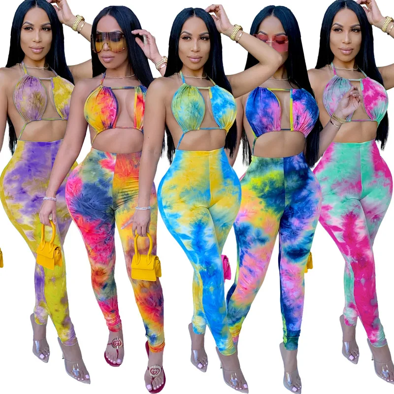 

FIXSYS Sexy Tie Dye Print Halter Jumpsuit Bra Crop Backless Lace Up Top Long Pants Romper Fashion Night Club Overall Onesies