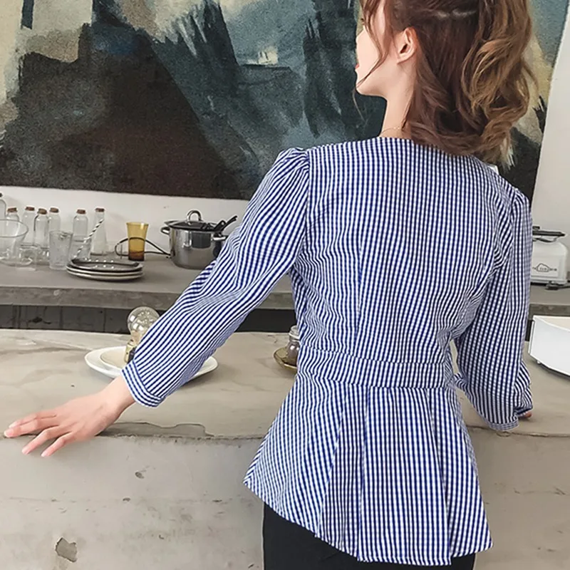 

Spring Autumn Women Blouse V-Neck Long Sleeve Work Shirts Women office Tops Plaid Blouse x