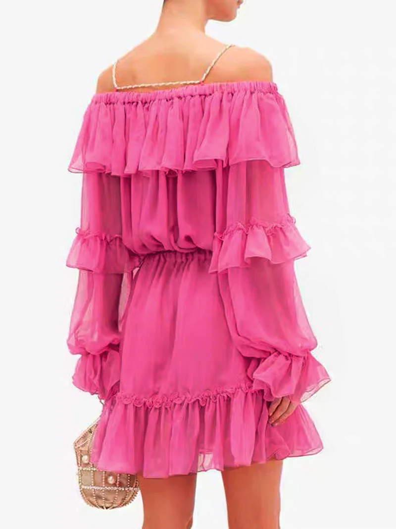 

New Fashion Sexy Celebrity Style Ruffles Luxury Mini Dress Lace Up Slash Neck Mesh Dresses Vintage Casual Dinner Robe