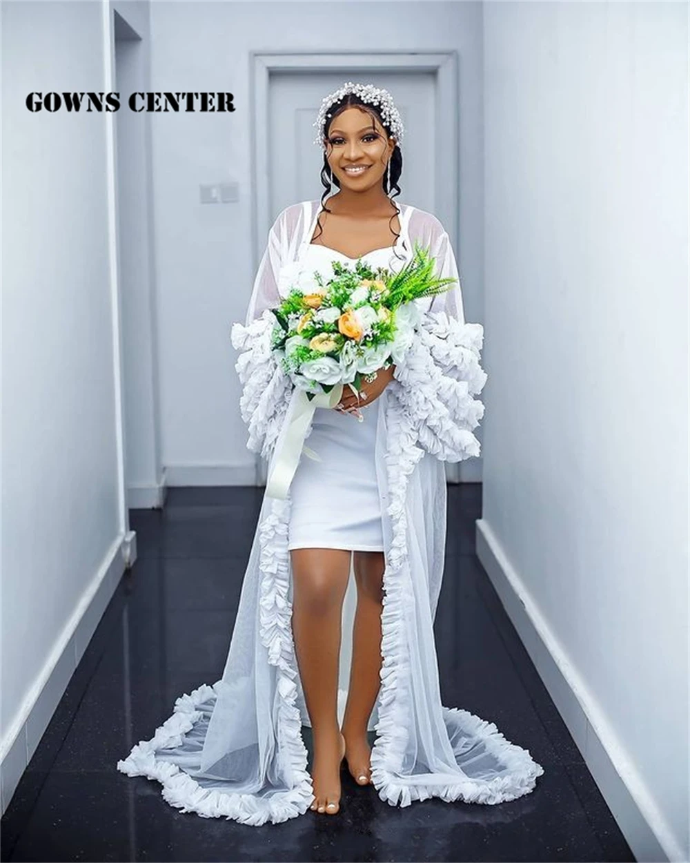 

Elegant Long Sleeve Mermaid Wedding Dresses With Cape White Sweetheart Princess Bride Gowns