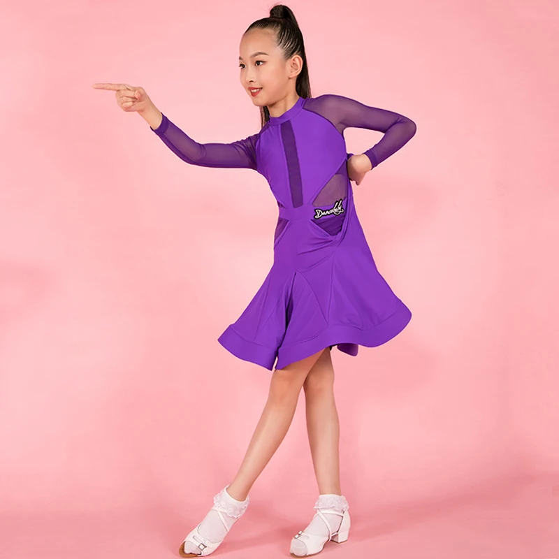 Детское платье для латиноамериканских танцев фиолетовое танцевальный костюм