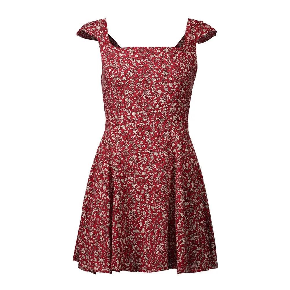

Fashion Floral Casual Dress Women Slim Elegant Club Mini Floral Dress Ruched Bow Square Collar Summer Dresses Casual Retro Hot