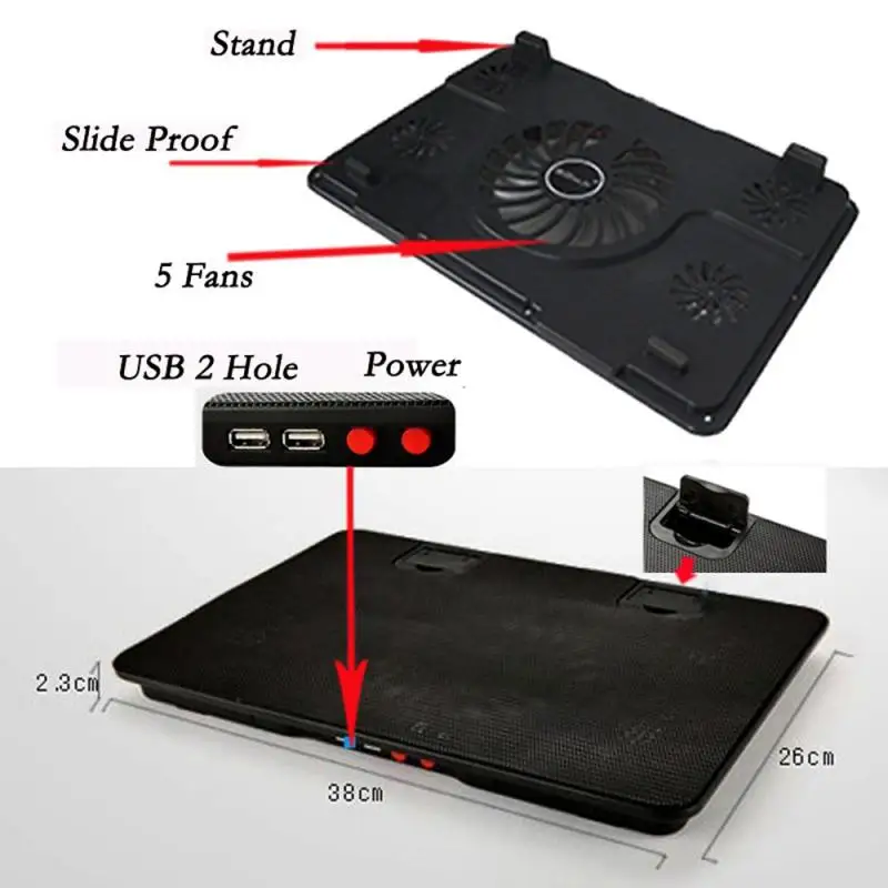 

5 Fan 2 USB Laptop Cooler Cooling Pad Base LED Notebook Cooler Computer USB Fan Stand For Laptop PC Video 10-17 Inch