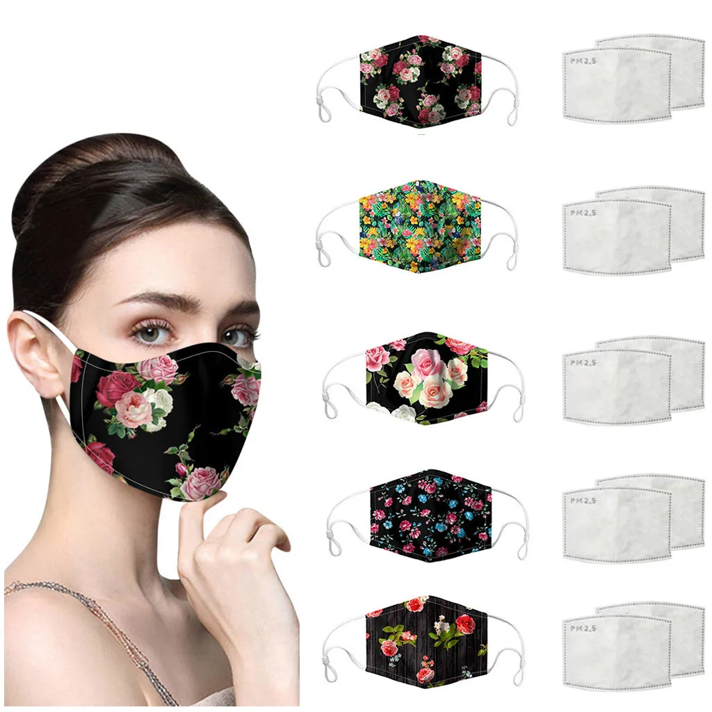 

Adults Dustproof Face Masks + 2 gaskets Elegant flower pattern Reusable protection Mask Unisex Outdoor Mouth Mask Drop Ship 2020
