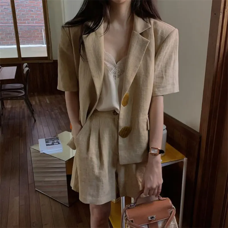 Костюм женский из 2 предметов Тонкий Блейзер цвета хаки хлопка и льна в