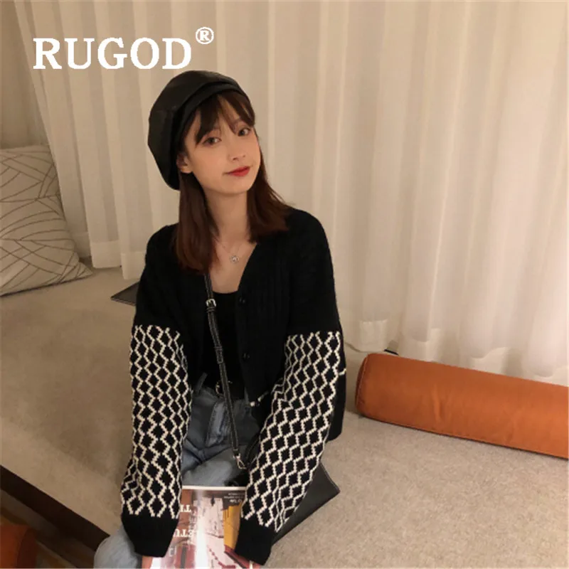 RUGOD Contrast Color Stitching Knitted Cardigan V-neck Sweater Winter Tops For Women Elegant Korean Style Knitwear Fashion 2019 |
