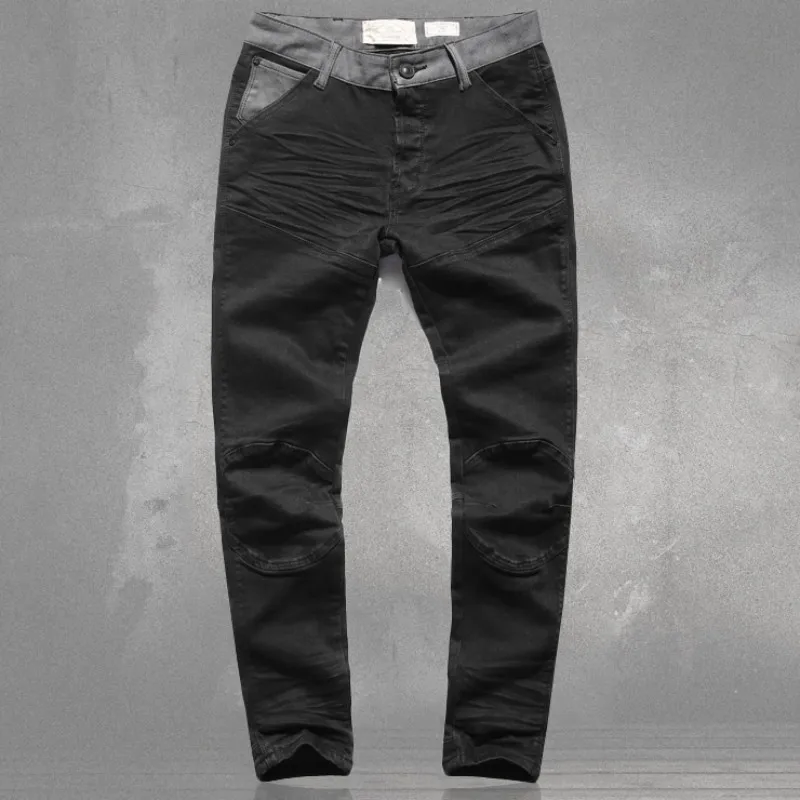 

Motorcycle Bikers Black Jeans Men Slim Fit Straight Denim Pants Fashion Patchwork Casual Cotton Full Length Jean Trousers Male
