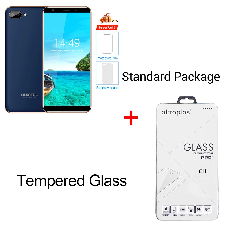 Oukitel C11 5," HD 18:9 Android 8,1 1 ГБ ОЗУ 8 Гб ПЗУ смартфон MTK6580A четырехъядерный 5MP+ 2MP/2MP 3400 мАч 3g мобильный телефон - Цвет: Blue N Temper Glass