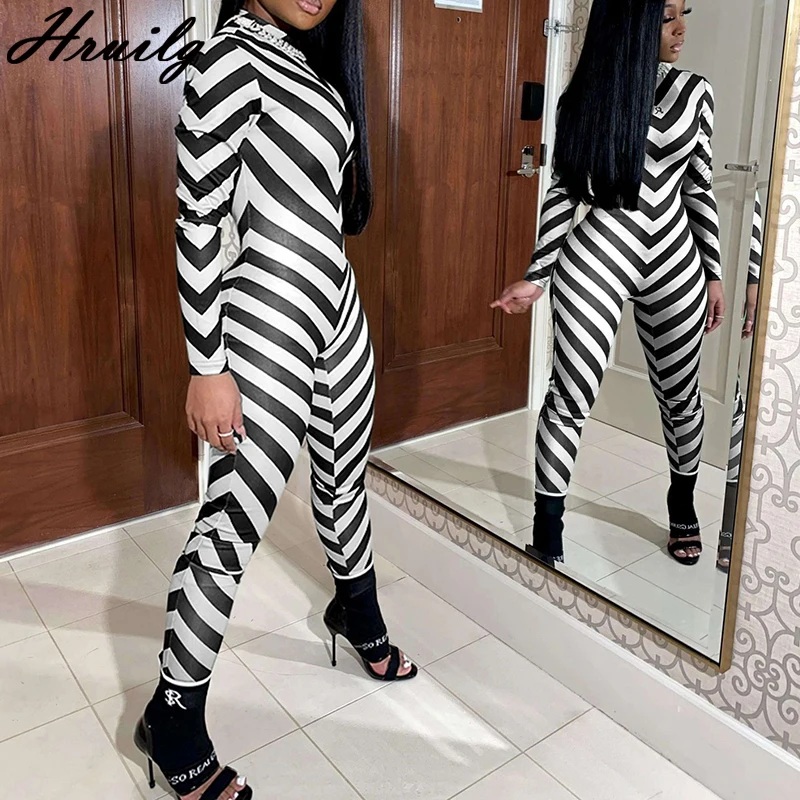 

Bodysuit Women Symmetrical Stripes Printing Long Sleeve Rompers Womens Jumpsuit Fashion New Skinny Casual Abbigliamento Donna
