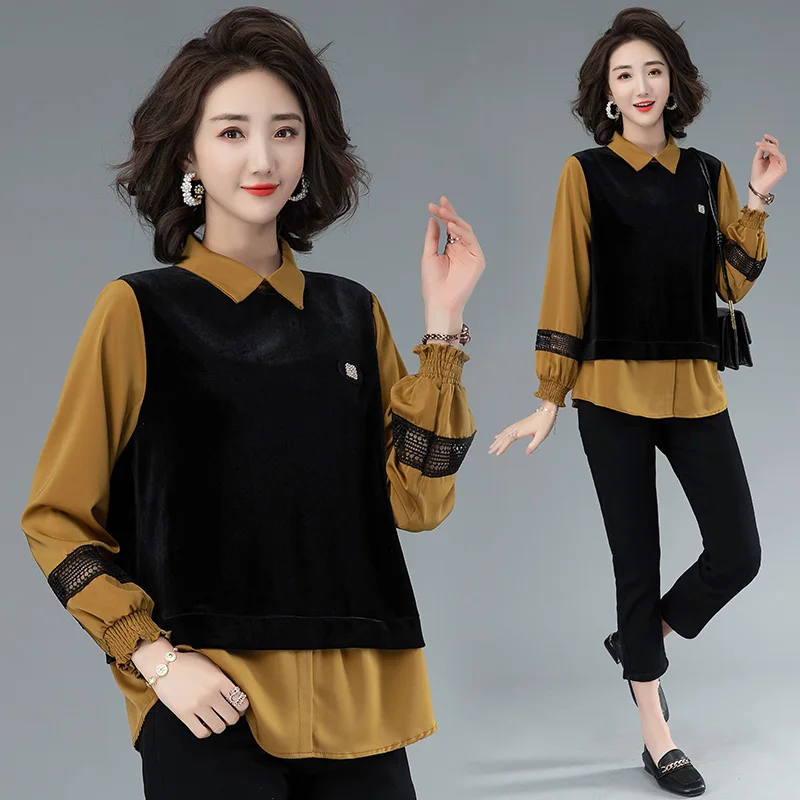 

2021 Vintage Plus Size Loose Blouse Female Patchwork Lace Shirt Woman Fake Two Shirt Female Ethnic Style Tops