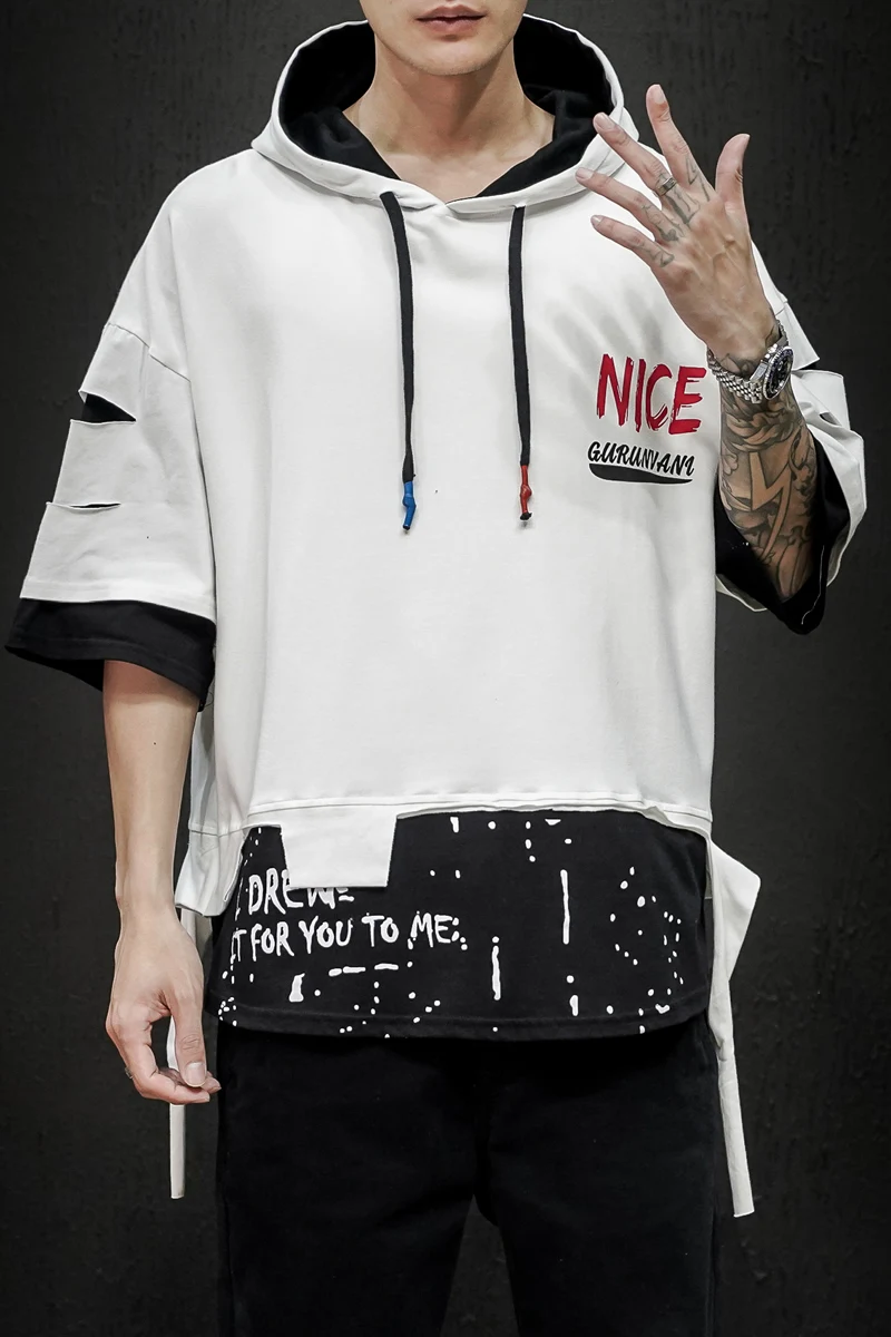 

Mens Hooded T Shirt Hip Hop Holes Patchwork Fashion Short Sleeve Tops Tees Summer T-Shirt Streetwear Harajuku Tshirt Hoodie 5XL