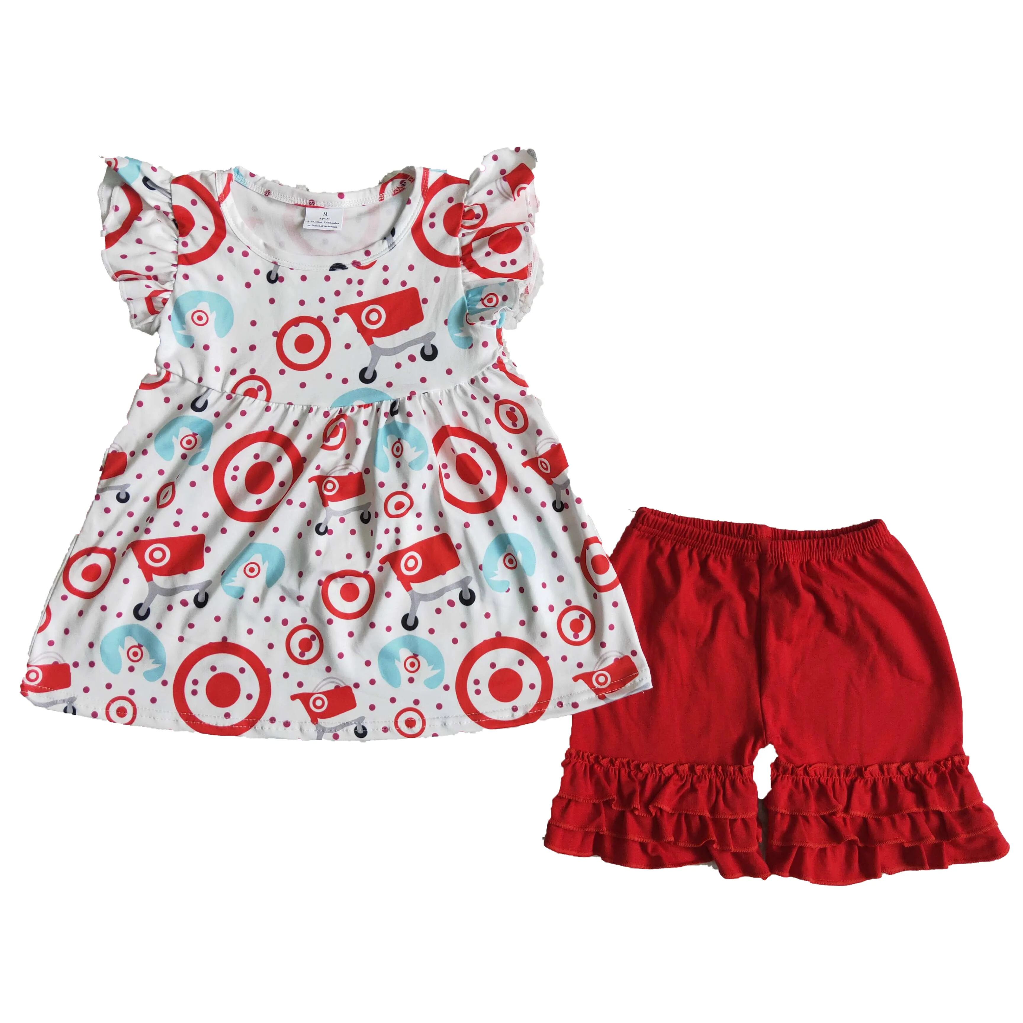 Летний топ из молочного шелка с круглым принтом красный короткими рукавами и