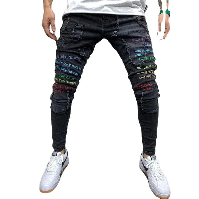 New Men Jeans Denim Pants Letter Print Worn Patch Elastic Fashion Casual Slim Mens Pants Pencil Pants Men Trend Plus Size Jeans