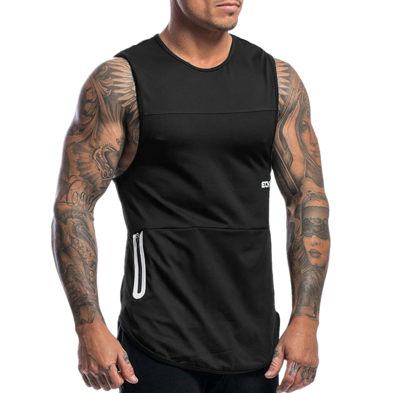 

Summer Gym exercise Tank Top mens stitching built-in pocket casual training vest bodybuilding fitness fashion sleeveless T-shirt