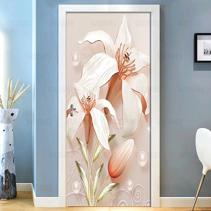 3D Рельефный цветок лилии наклейки на дверь спальни украшения DIY самоклеющиеся