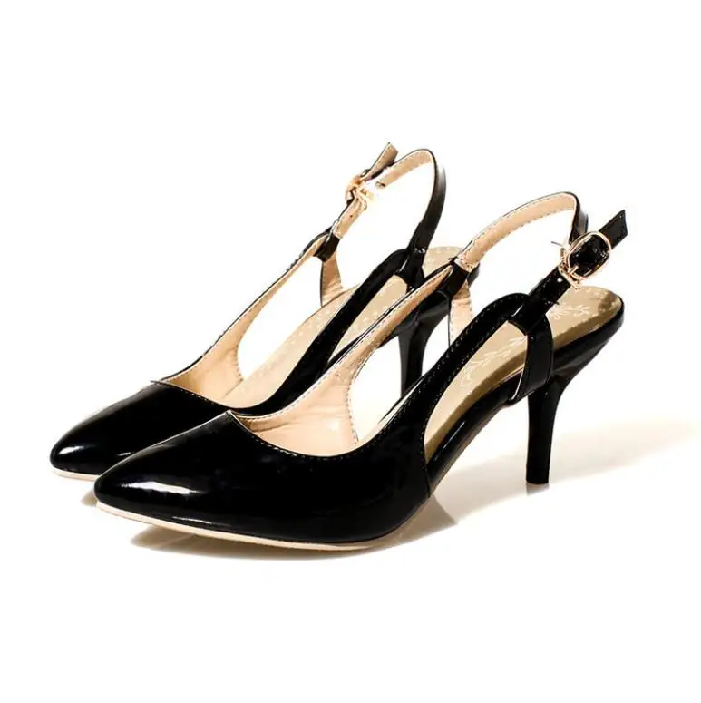 Новинка года; босоножки на высоком каблуке с острым носком и пряжкой из лакированной кожи; женская обувь; очень большие размеры 46