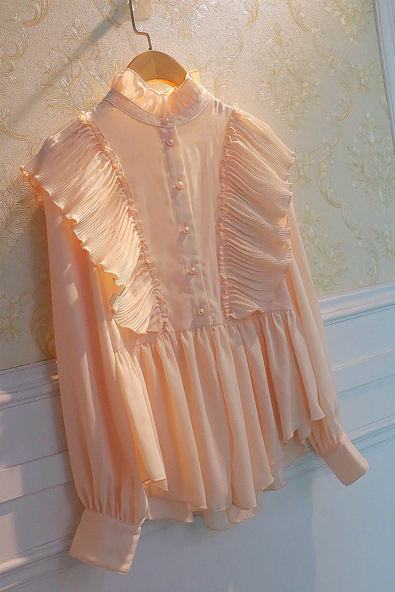 

Sweet Long Sleeve Stand Ruched Collar Ruffled Pink Shirt Women Pleated Pearl Buttons Loose Blouse Top All-match Lady Fashion