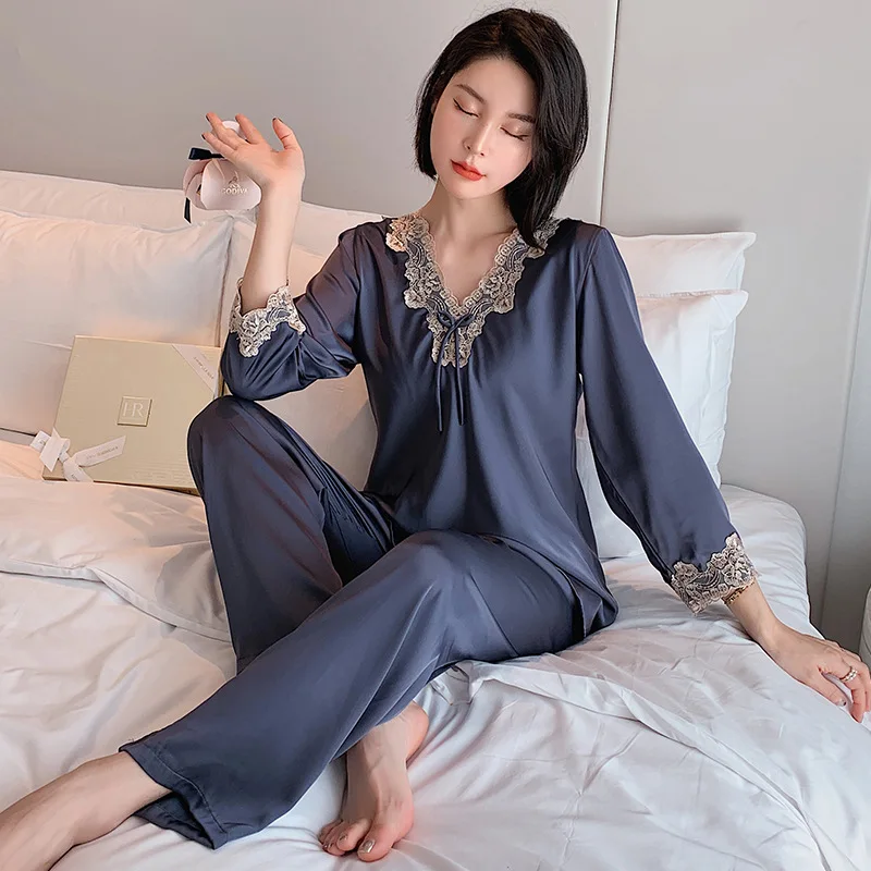 

Casual 2PCS Sleepwear Women Satin Pajamas Suit Summer New Pyjamas Intimate Lingerie Silky Bathrobe Lace Shirt&Pants Set