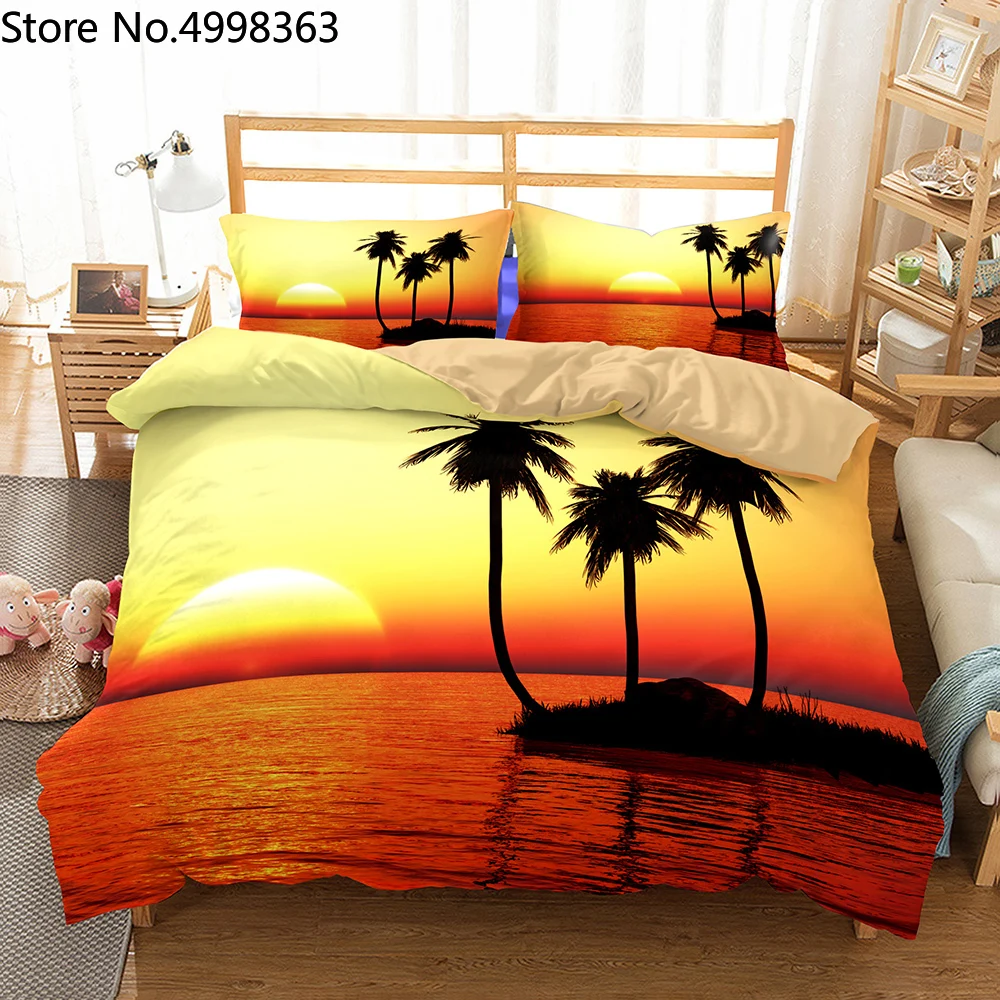 Тропический пляж остров Пальма дерево Золотое свечение микрофибра постельные
