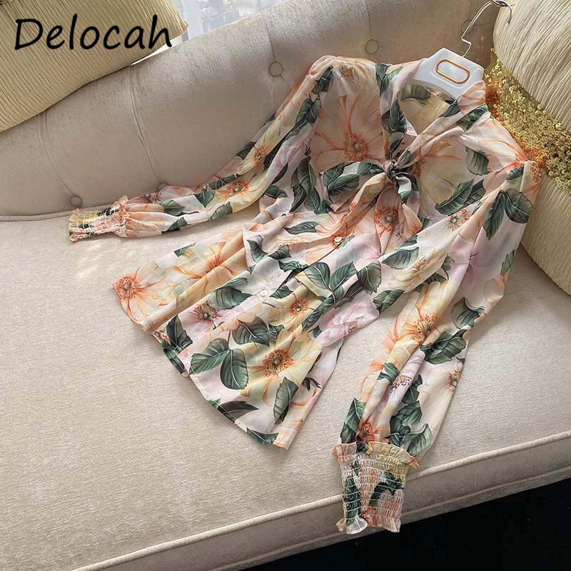 

Delocah New 2021 Summer Women Fashion Runway Shirt Lantern Sleeve Bow Ruffles Single Breasted Floral Print Tops Thin Blouses