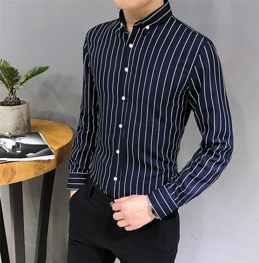 Мужская рубашка с длинным рукавом приталенная в полоску поло 2019|Повседневные