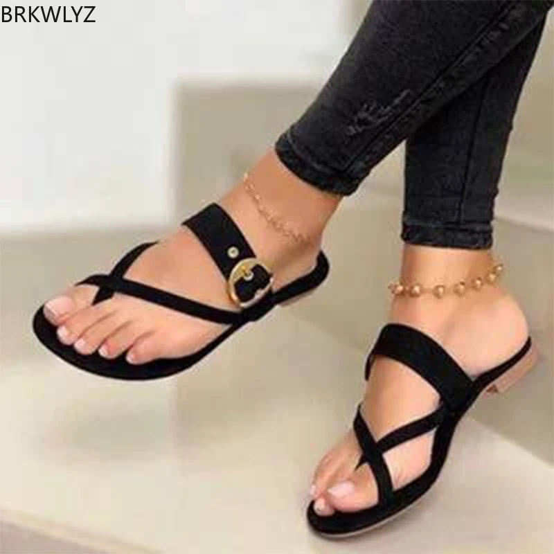 

BRKWLYZ Women Sandals Summer Shoes Clip Toe Casual Buckle Ladies Slides Fashion Beach Shoes Female Flats Slippers New Flip Flops
