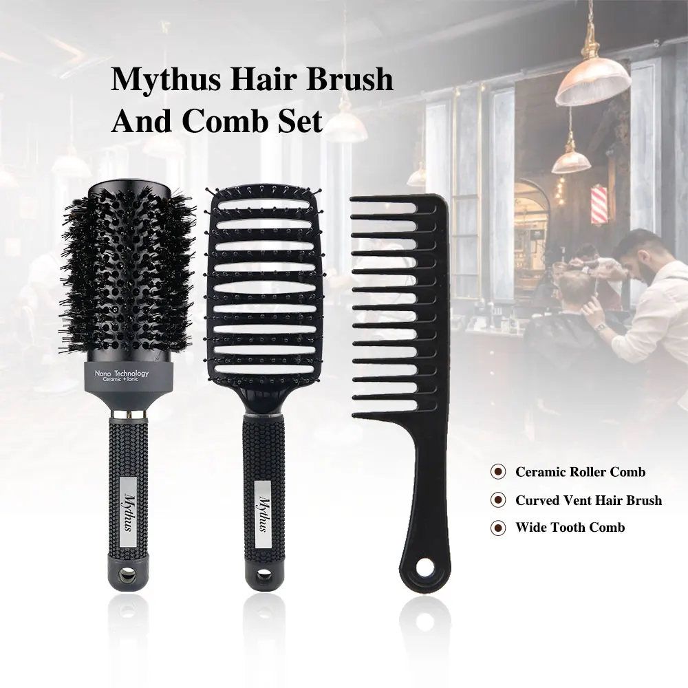 

3 Pcs Hairdressing Styling Comb Hair Curling Comb Boar Bristle Ceramic Roll Comb Ionic Round Brush Wide Tooth Comb Pin Tail Comb