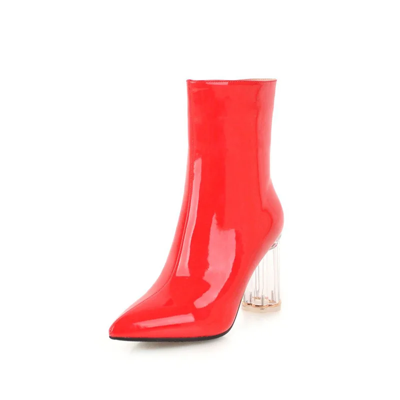 

Sexy Patent Leather Crystal Coarse High With Woman Boots Sharp Side Knight Short Boots Wedding Boots