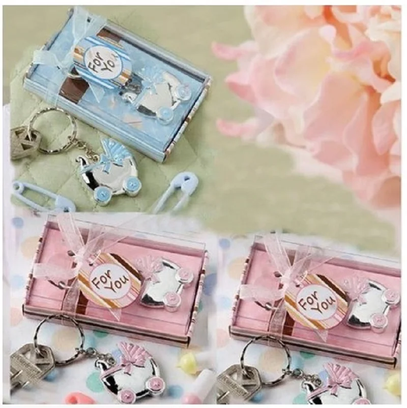 

10PCS/LOT Pink/Blue Baby Carriage Design Key Chains Birth Christening Gift Keychain Favor Baby Shower Favors Souvenir