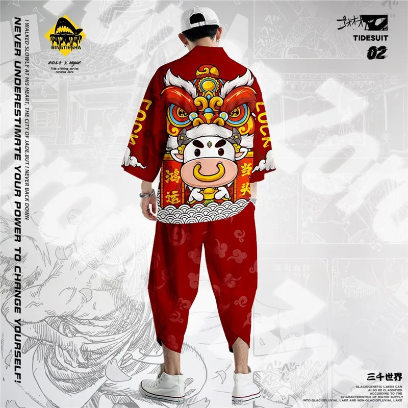 

Пляжное кимоно в японском стиле для мужчин и женщин, уличная одежда с мультяшным принтом быка льва, самурайского кимоно, кардиган в японском...