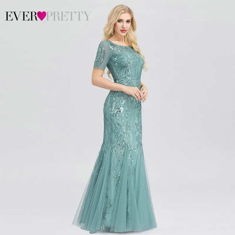 Формальные Вечерние платья Ever Pretty Новые Русалка o-образным вырезом с коротким рукавом Кружева Аппликации Тюль Длинные вечерние платья халат Soiree сексуальный