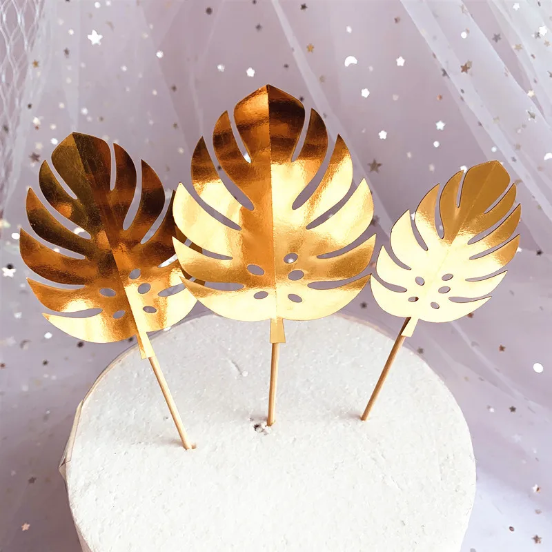 

3pcs Sequin Tropical Plants Green Gold Monstera Leaves Cake Topper for Jungle Party Happy Birthday Cake Topper Baby Shower