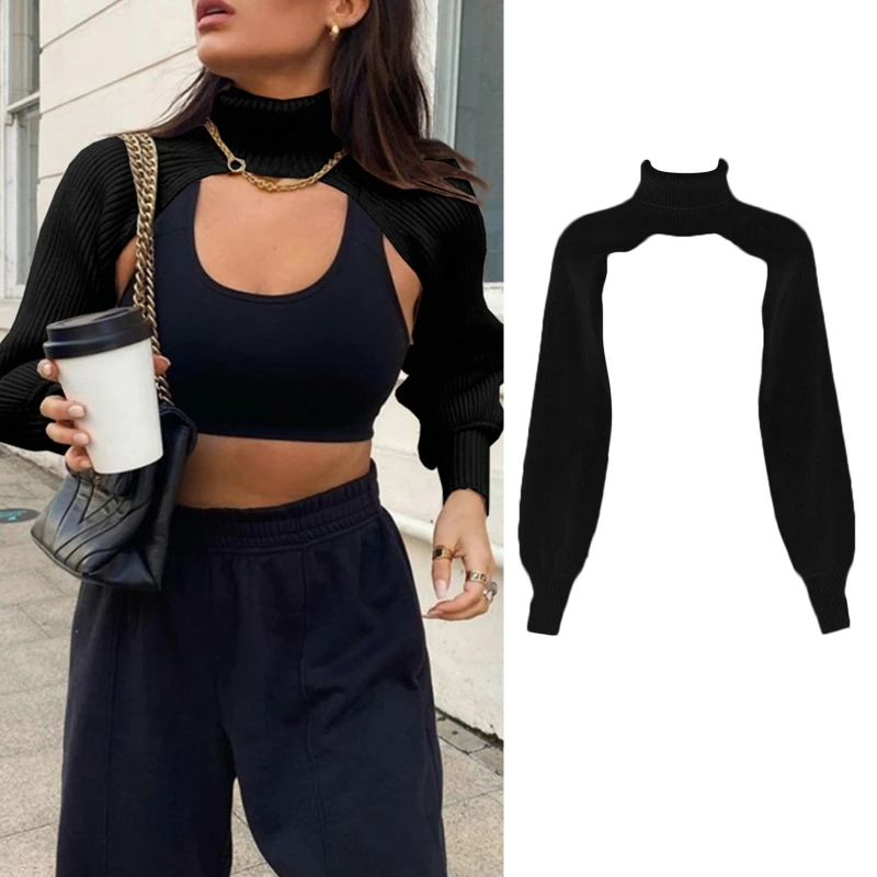 

Women Lantern Long Sleeve Sweater Sexy Hollow Out Turtleneck Solid Color Crop Top Ribbed Knitted Loose Pullover Shrug Cover Up S