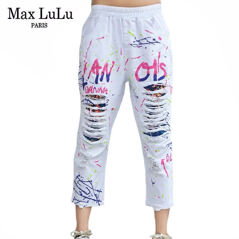 

Max LuLu Summer New Design Women Holes Spliced Contrast Color Jeans Ladies Ripped White Denim Trousers Punk Style Harem Pants