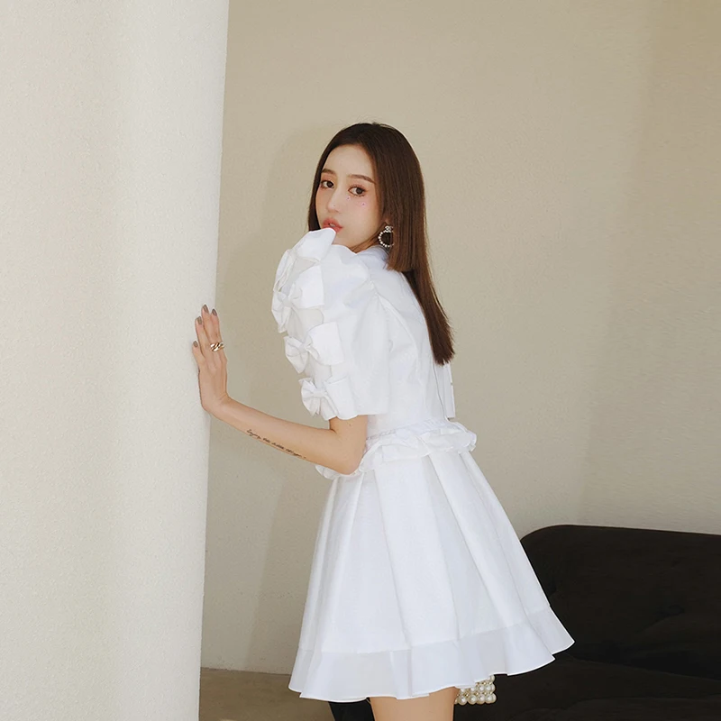 

VGH Sweet Patchwork Bowknot Dress For Women O Neck Puff Shor Sleeve High Waist Mini Dresses Females 2021 Summer Fashion Clothing